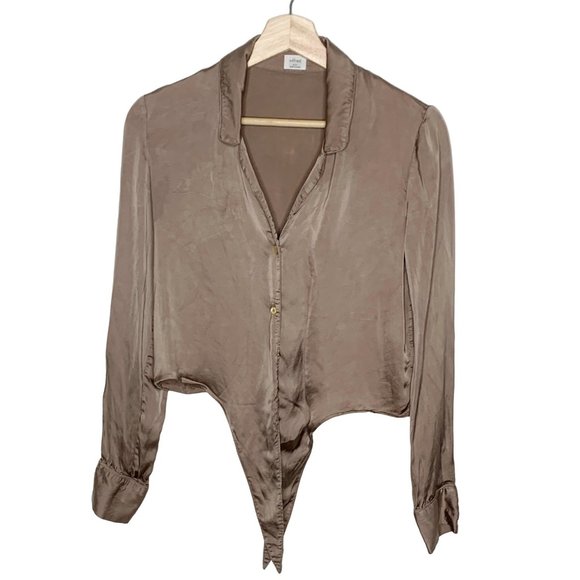 Wilfred Aritzia Gold Shimmer Tan Button Up Top Blouse Tie Cognac 2XS Cupro - Picture 3 of 16